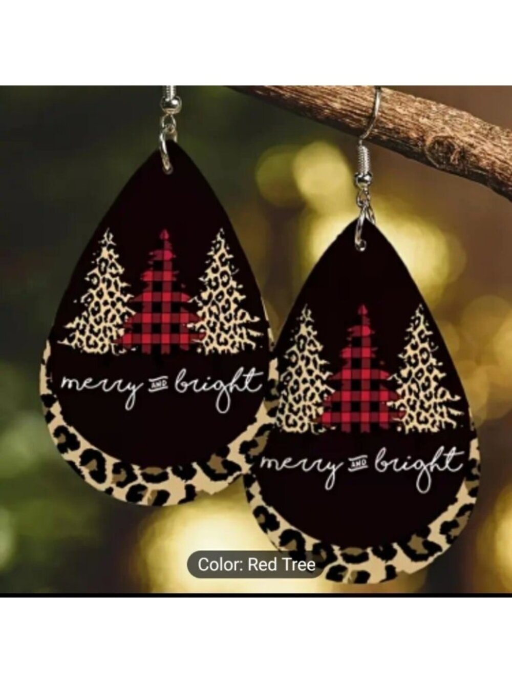 Christmas earrings trees leopard teardrop faux leather new e64